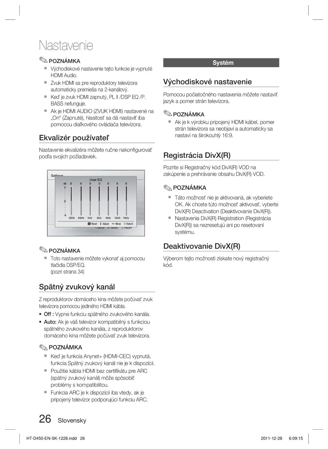 Samsung HT-D455/XY, HT-D455/EN manual Ekvalizér používateľ, Spätný zvukový kanál, Východiskové nastavenie, Registrácia DivXR 