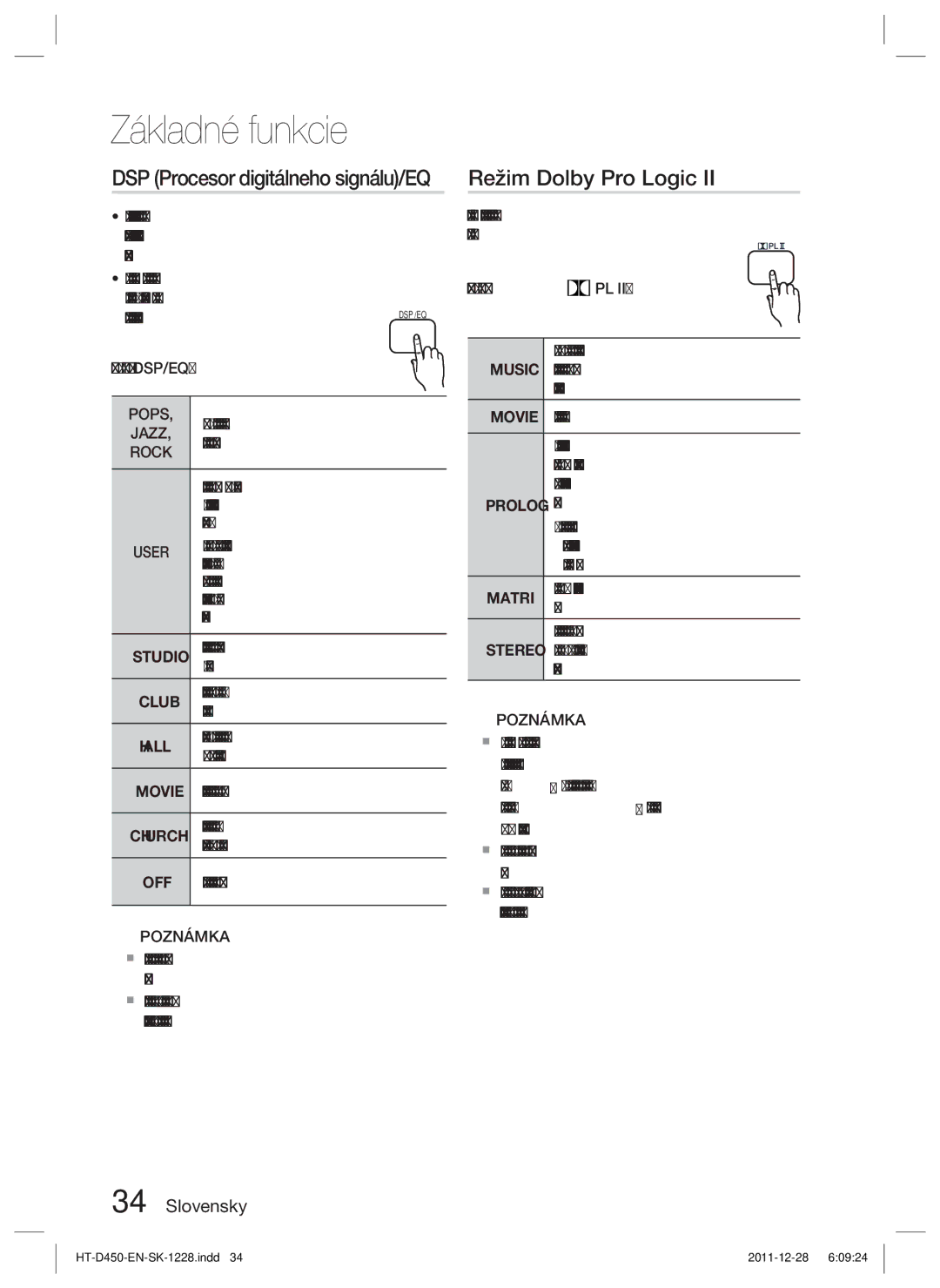 Samsung HT-D455/XE, HT-D455/EN, HT-D455/XY manual Režim Dolby Pro Logic, DSP Procesor digitálneho signálu/EQ, Používateľ 