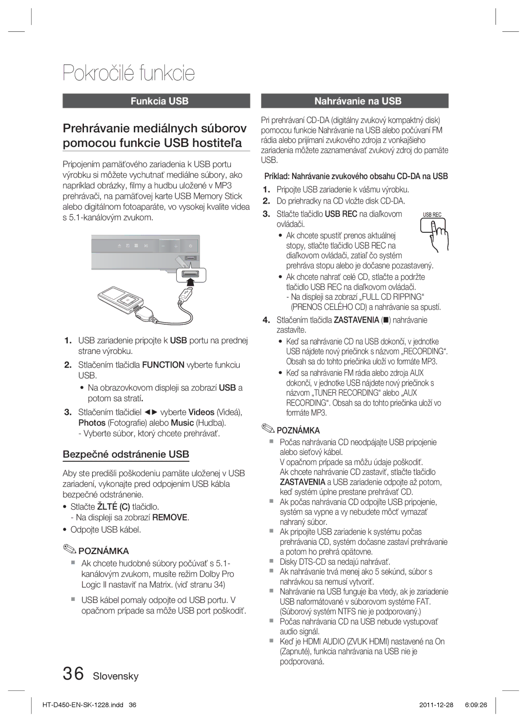 Samsung HT-D455/EN, HT-D455/XE, HT-D455/XY manual Pokročilé funkcie, Funkcia USB, Bezpečné odstránenie USB, Nahrávanie na USB 