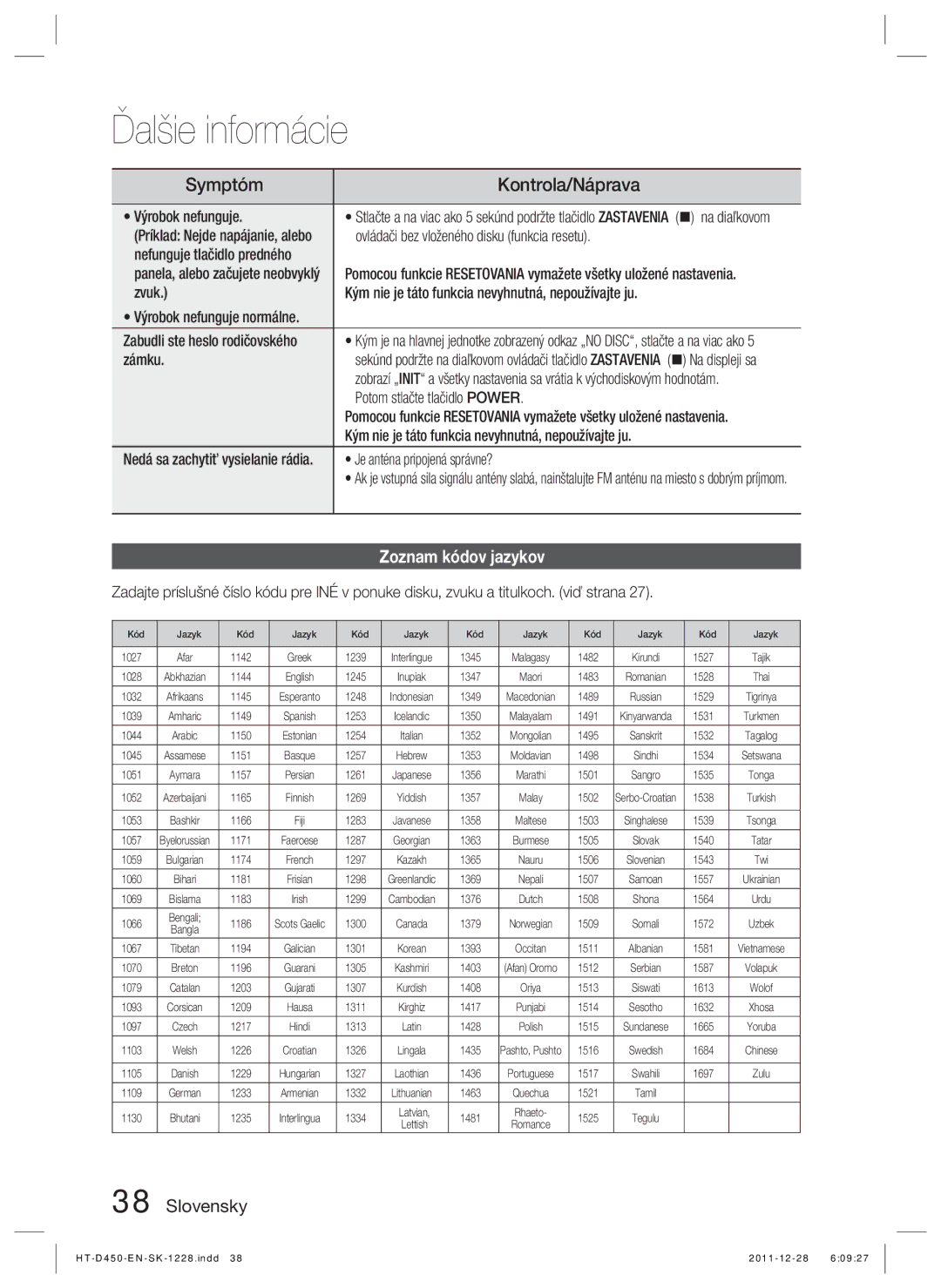 Samsung HT-D455/XY, HT-D455/EN, HT-D455/XE manual Zoznam kódov jazykov 