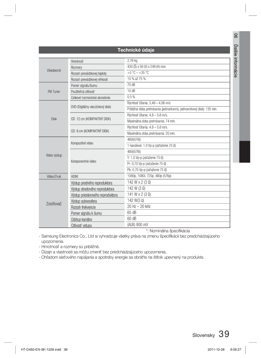 Samsung HT-D455/EN, HT-D455/XE, HT-D455/XY manual Technické údaje, X 2 3 Ω 