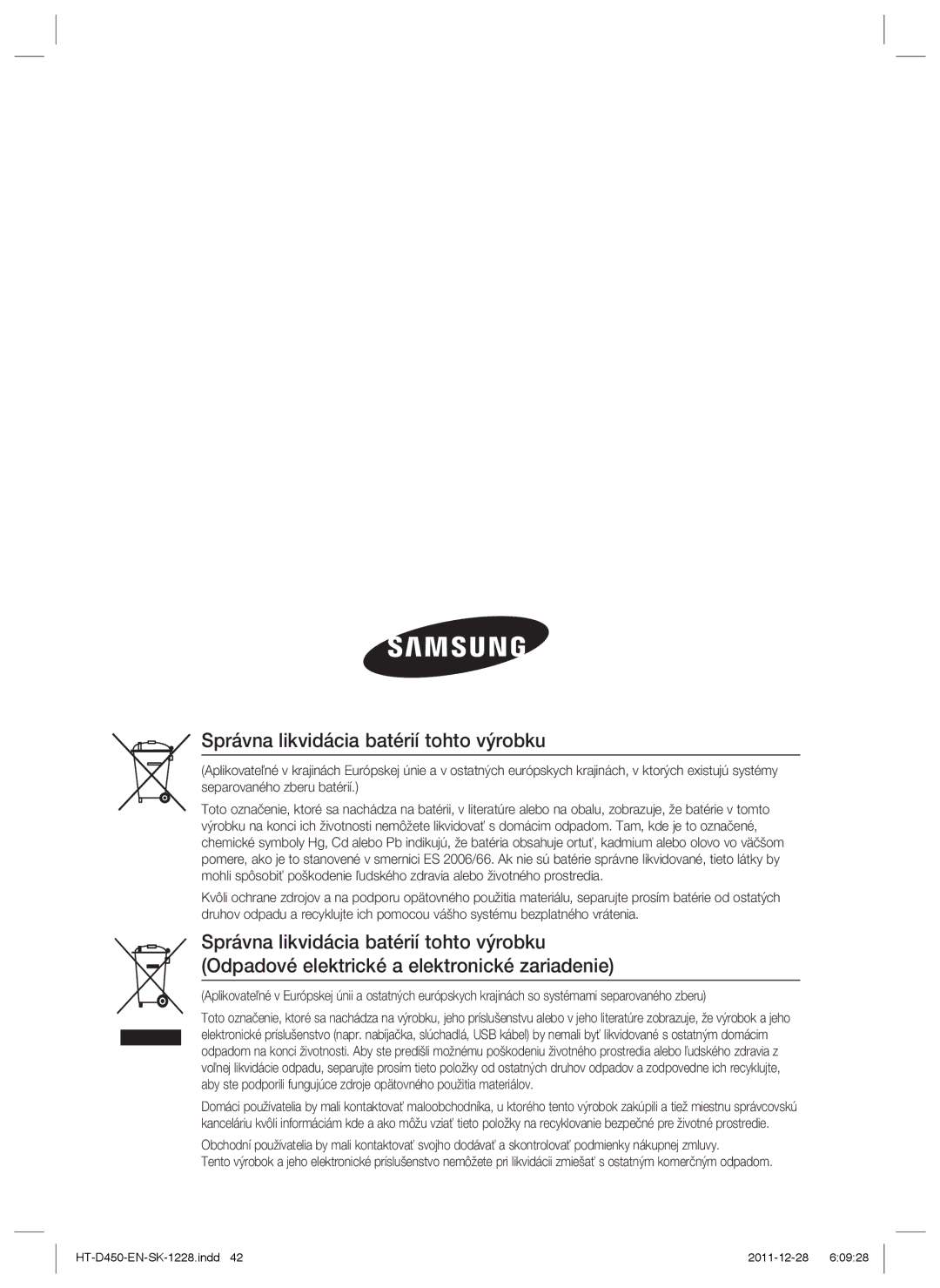 Samsung HT-D455/EN, HT-D455/XE, HT-D455/XY manual Správna likvidácia batérií tohto výrobku 