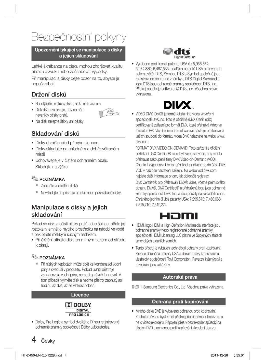 Samsung HT-D455/XE, HT-D455/EN, HT-D455/XY manual Držení disků, Skladování disků, Manipulace s disky a jejich skladování 