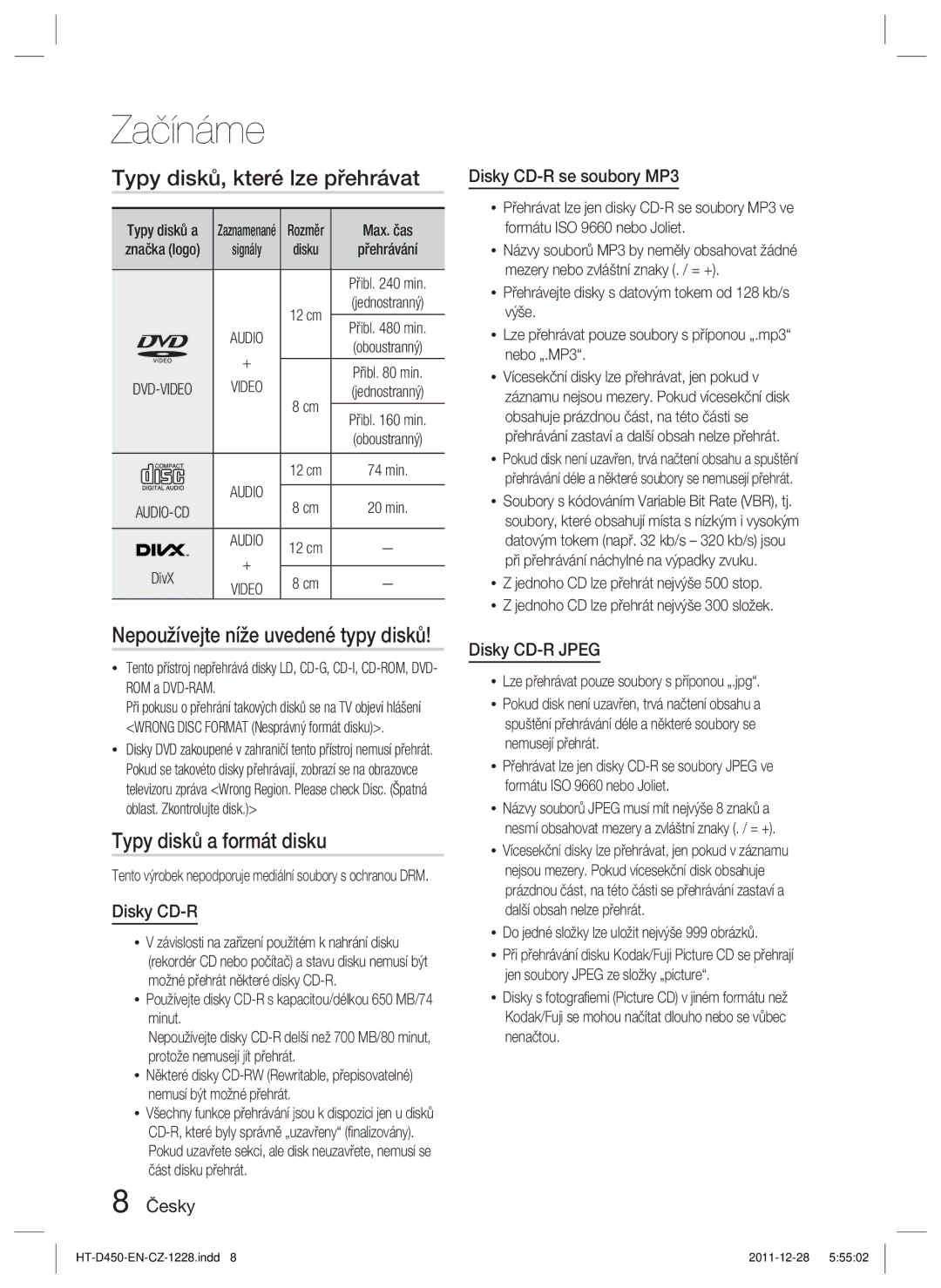 Samsung HT-D455/XY manual Typy disků, které lze přehrávat, Typy disků a formát disku, Nepoužívejte níže uvedené typy disků 