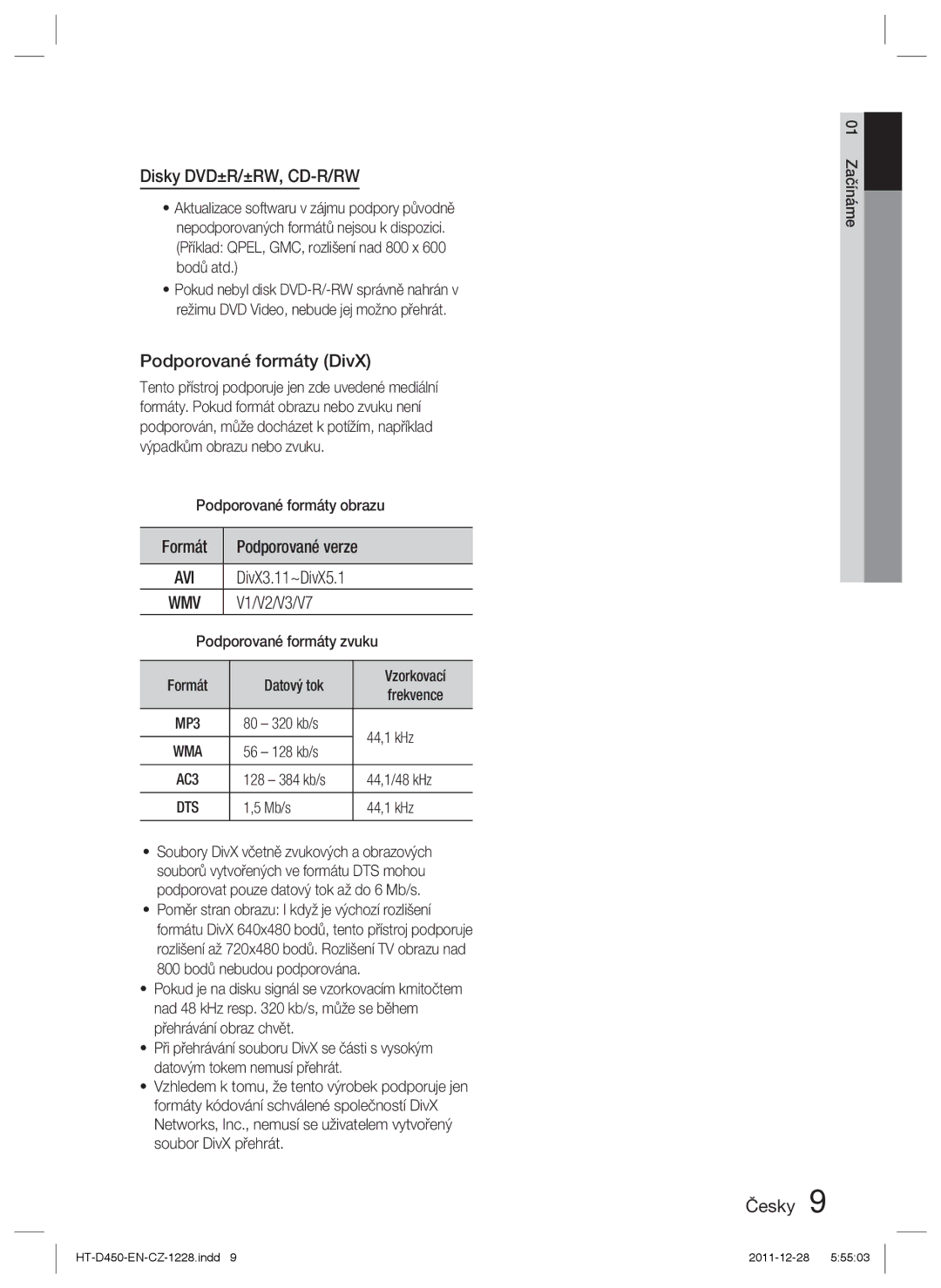 Samsung HT-D455/EN Podporované formáty obrazu, Formát Datový tok, 80 320 kb/s 44,1 kHz, 01 Začínáme, Podporované verze 