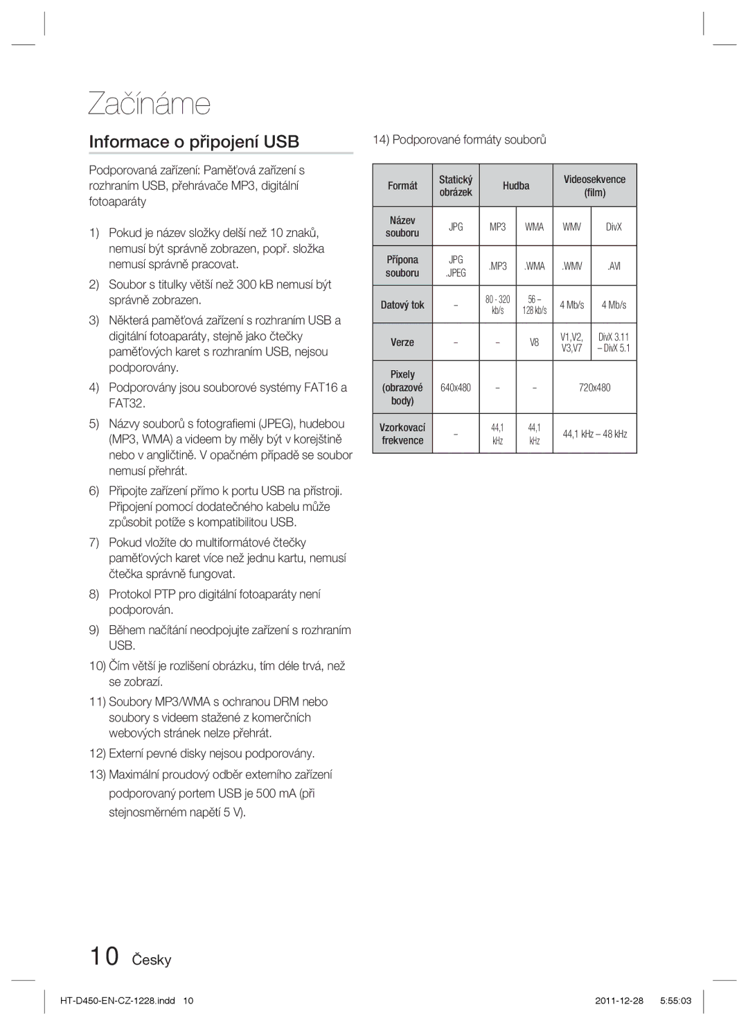 Samsung HT-D455/XE, HT-D455/EN, HT-D455/XY manual Informace o připojení USB, 10 Česky, Formát Statický Hudba, Kb/s, KHz 