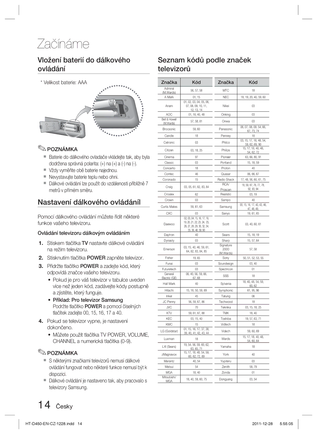 Samsung HT-D455/XY, HT-D455/EN, HT-D455/XE manual Nastavení dálkového ovládáníl, 14 Česky, Velikost baterie AAA 