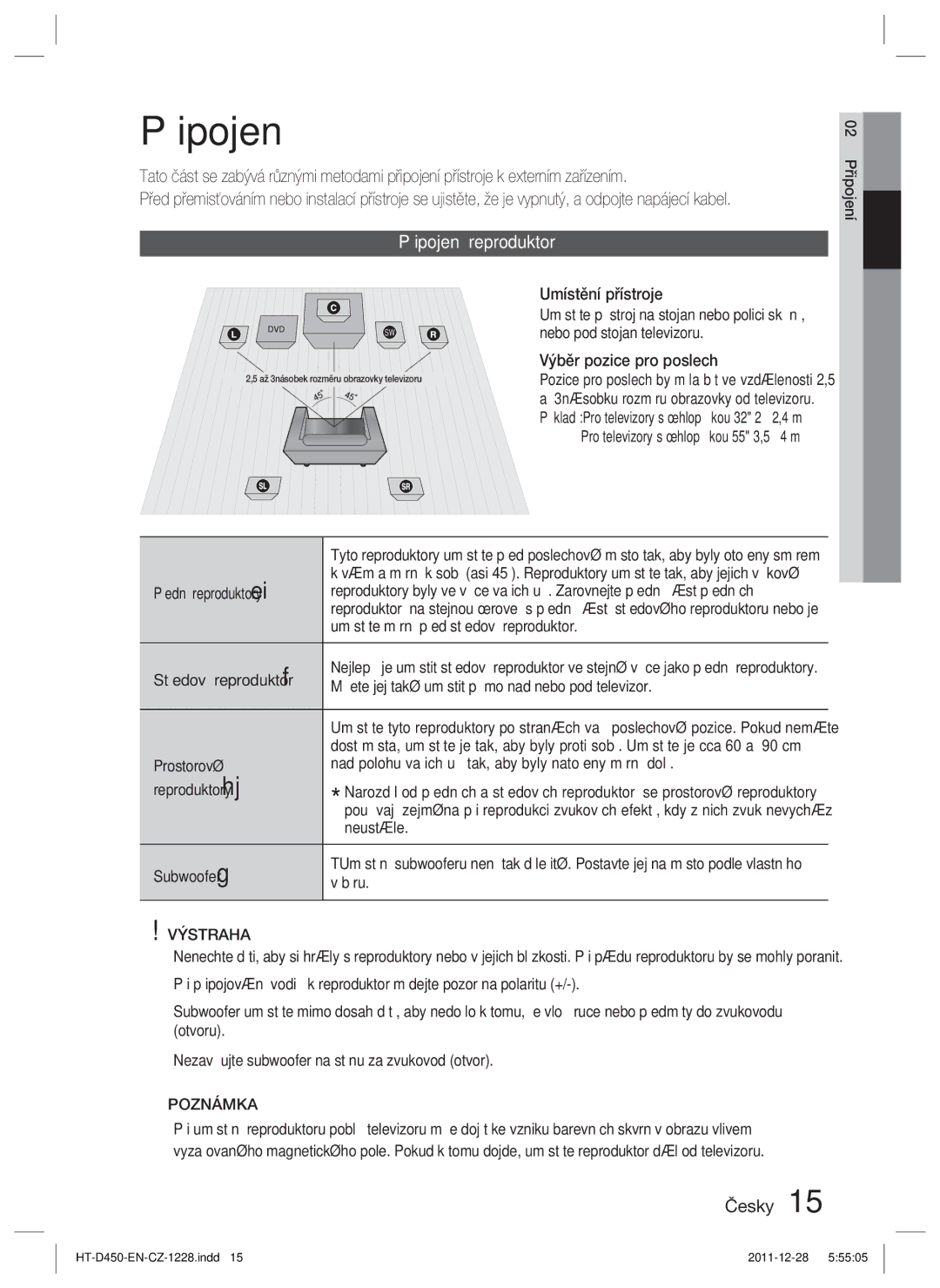 Samsung HT-D455/EN, HT-D455/XE, HT-D455/XY manual Připojení reproduktorů, Výstraha 