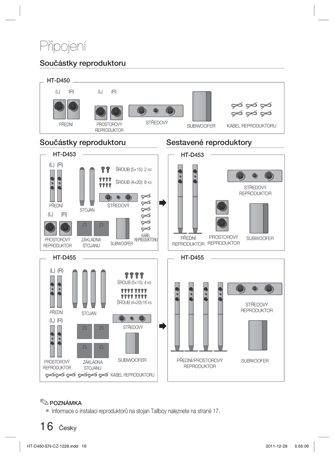 Samsung HT-D455/XE, HT-D455/EN, HT-D455/XY manual Součástky reproduktoru Sestavené reproduktory 