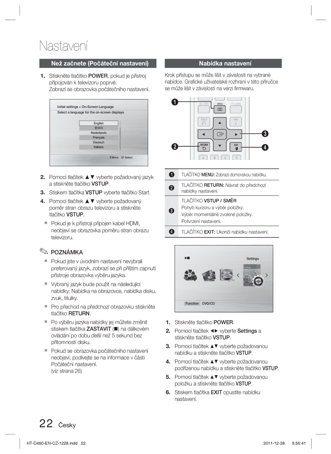 Samsung HT-D455/XE, HT-D455/EN, HT-D455/XY manual Nastavení, Než začnete Počáteční nastavení, 22 Česky, Tlačítko Vstup / Směr 