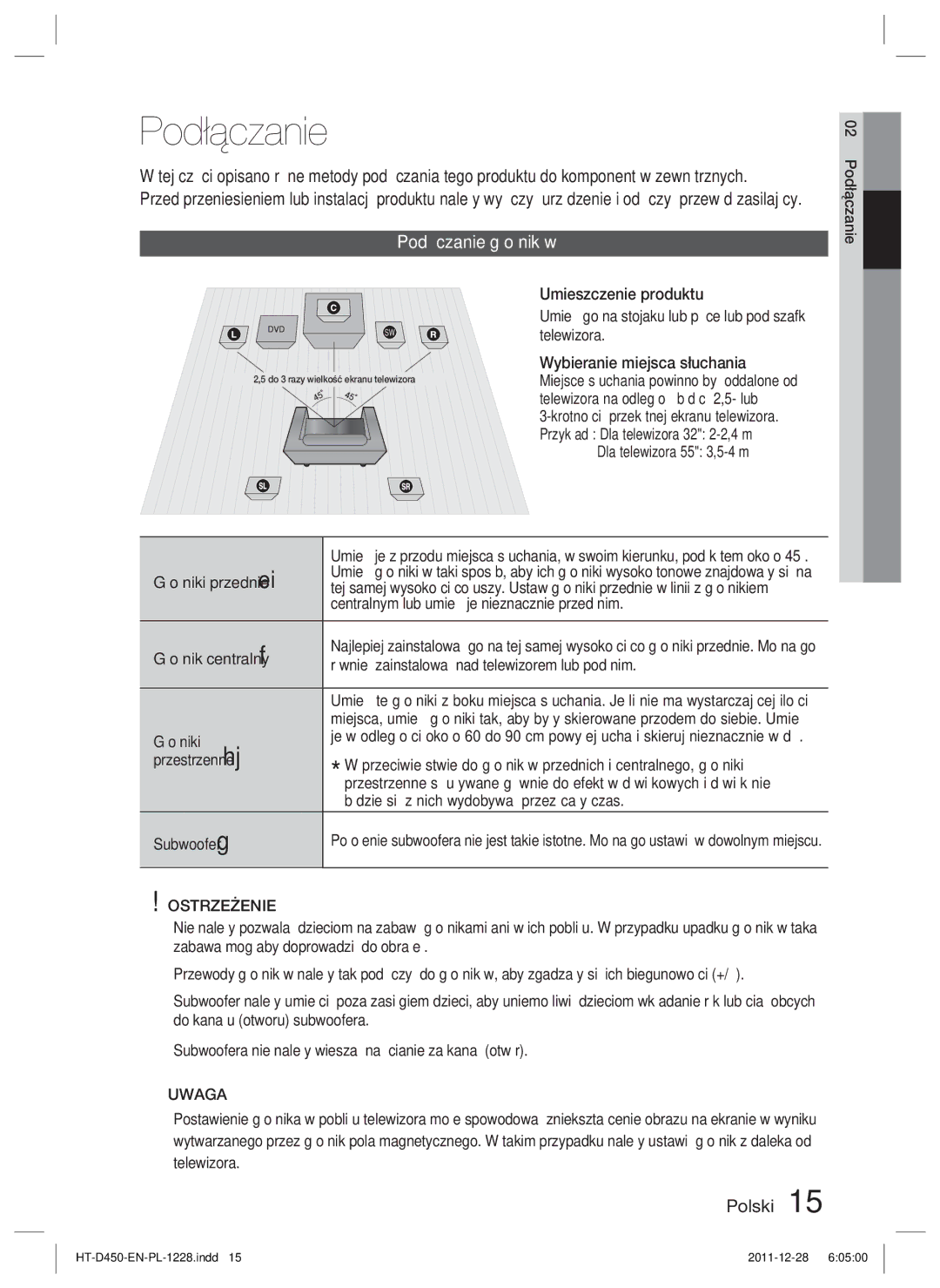 Samsung HT-D455/EN, HT-D455/XE, HT-D455/XY manual Podłączanie głośników, Ostrzeżenie 