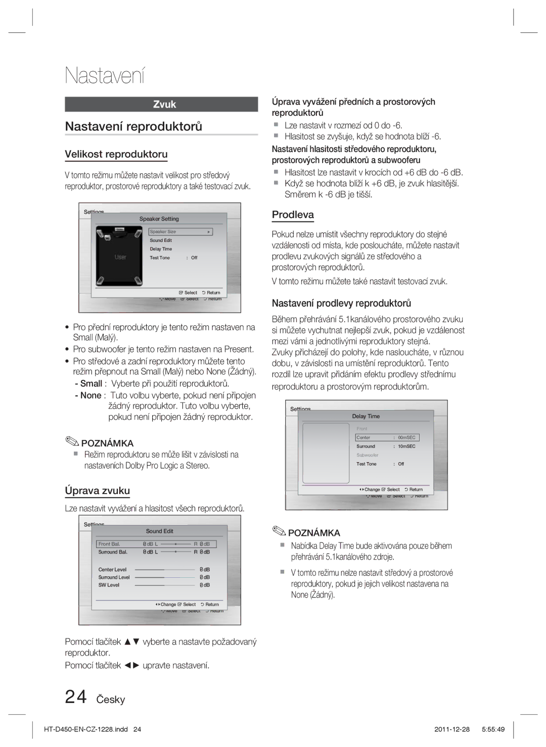 Samsung HT-D455/EN, HT-D455/XE, HT-D455/XY manual Nastavení reproduktorů 