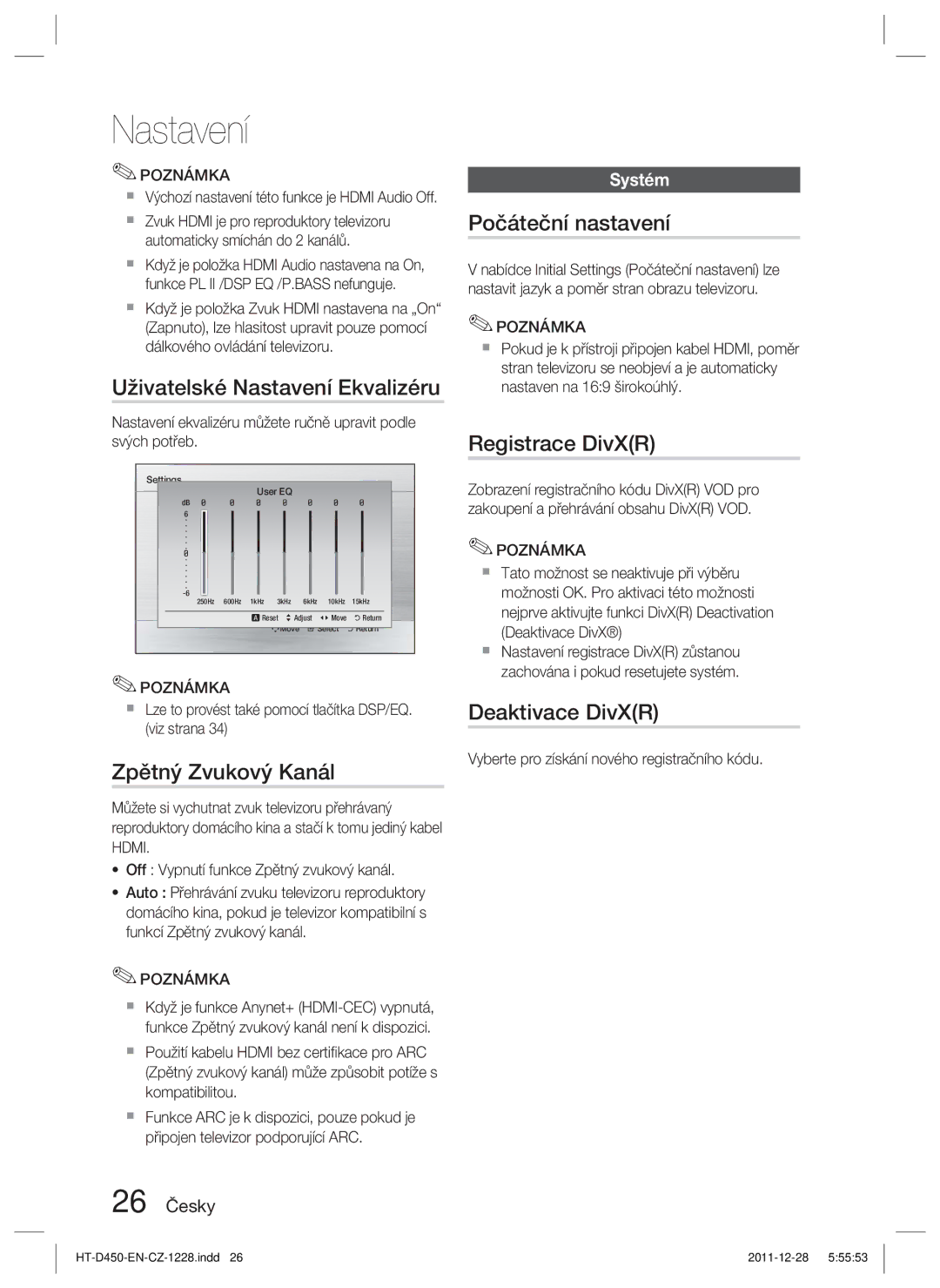 Samsung HT-D455/XY manual Uživatelské Nastavení Ekvalizéru, Zpětný Zvukový Kanál, Počáteční nastavení, Registrace DivXR 