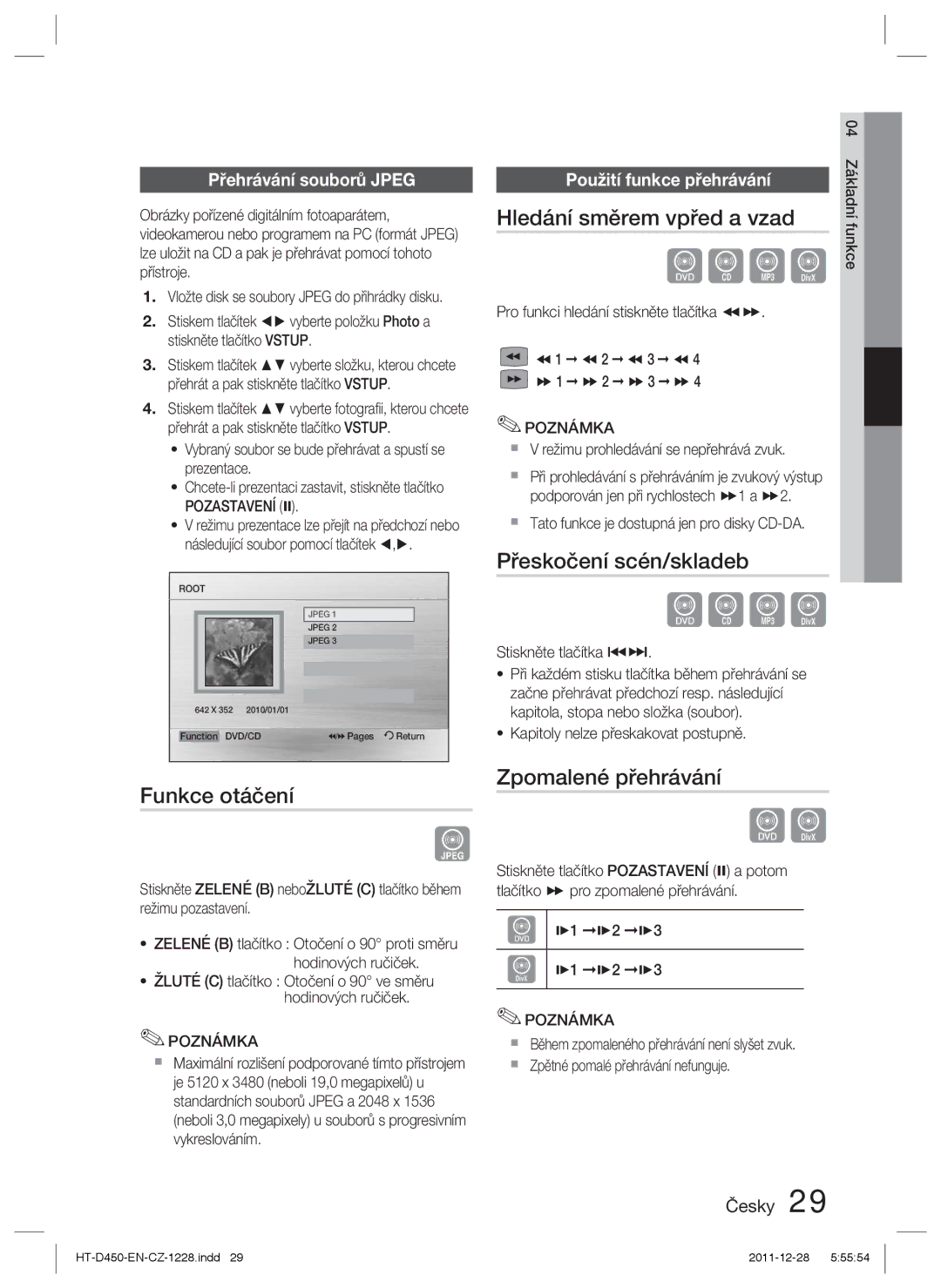 Samsung HT-D455/XY, HT-D455/EN Hledání směrem vpřed a vzad, Přeskočení scén/skladeb, Funkce otáčení, Zpomalené přehrávání 