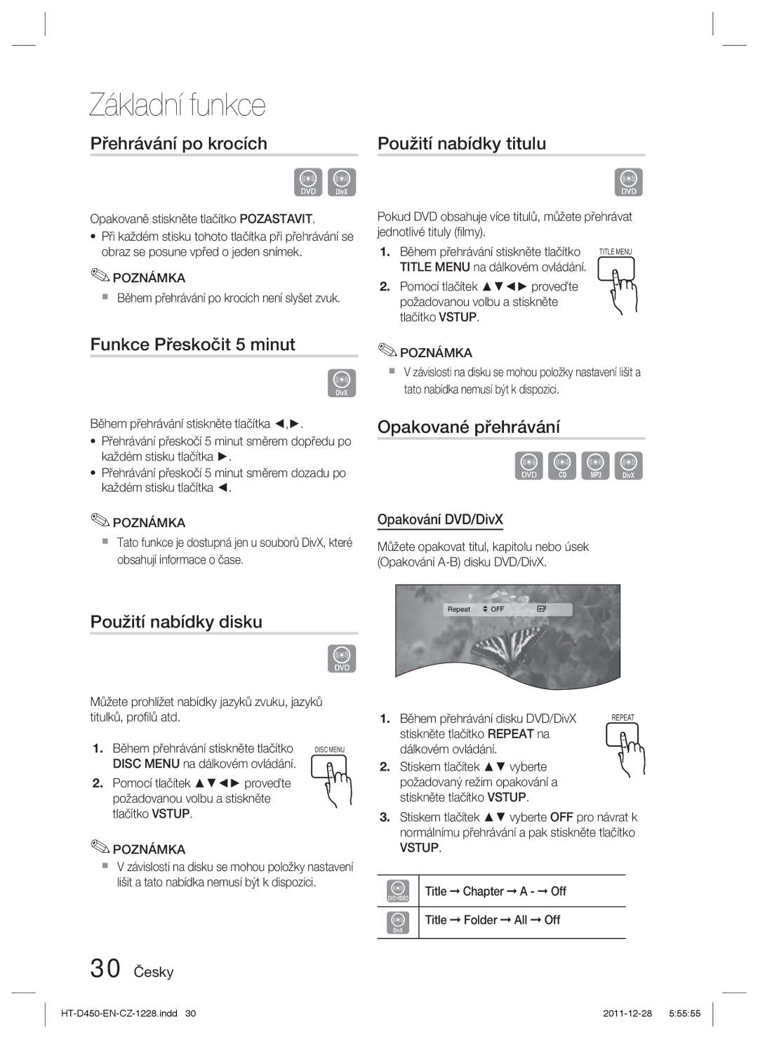 Samsung HT-D455/EN manual Přehrávání po krocích, Funkce Přeskočit 5 minut, Použití nabídky titulu, Opakované přehrávání 