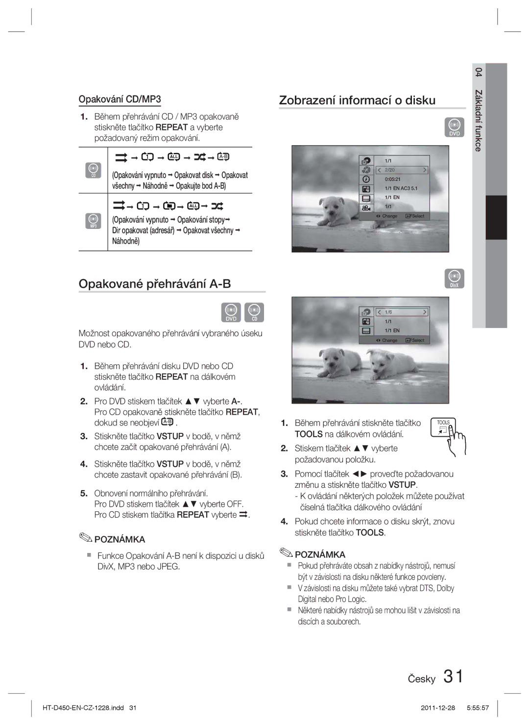 Samsung HT-D455/XE, HT-D455/EN, HT-D455/XY manual Zobrazení informací o disku, Opakované přehrávání A-B 