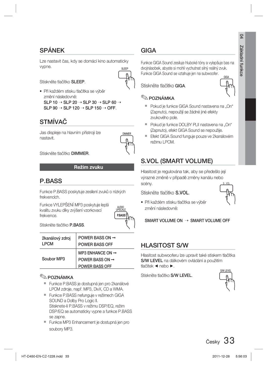 Samsung HT-D455/EN, HT-D455/XE, HT-D455/XY manual Spánek, Stmívač, VOL Smart Volume, Hlasitost S/W 