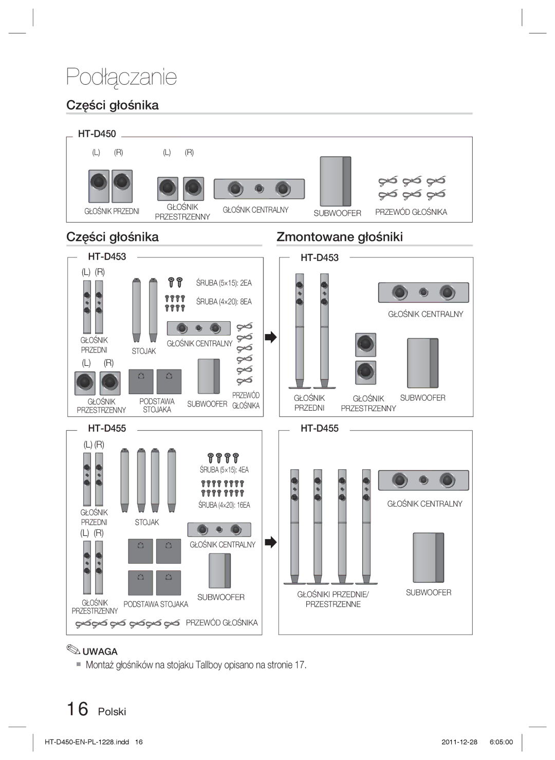 Samsung HT-D455/XE, HT-D455/EN, HT-D455/XY manual Części głośnika Zmontowane głośniki, HT-D450, HT-D453 