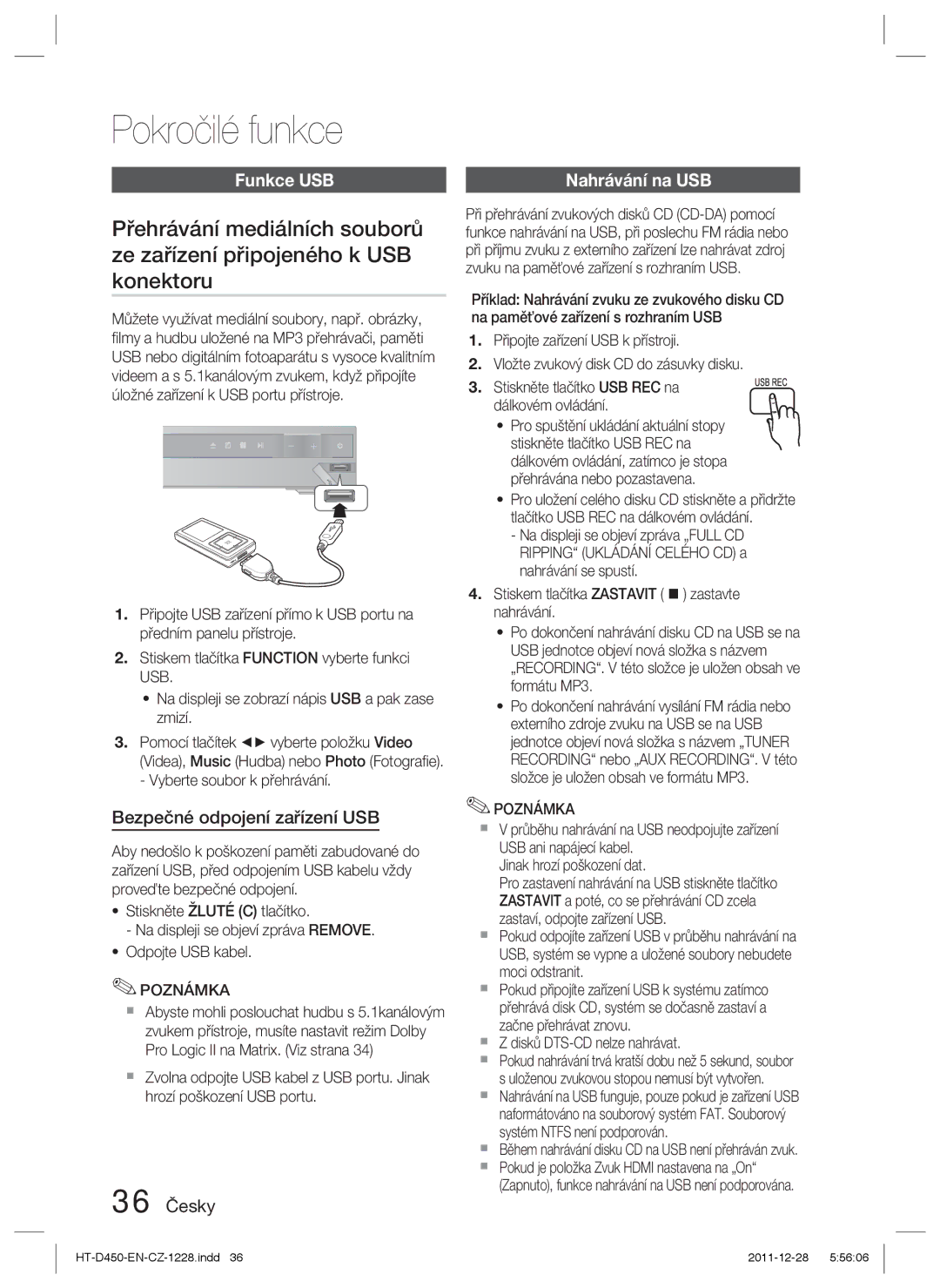 Samsung HT-D455/EN, HT-D455/XE, HT-D455/XY manual Pokročilé funkce, Funkce USB, Bezpečné odpojení zařízení USB, 36 Česky 