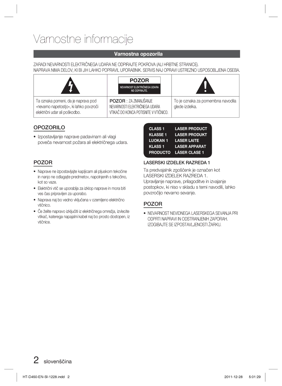 Samsung HT-D455/XY Varnostne informacije, Varnostna opozorila, Slovenščina, Pozor ZA Zmanjšanje, Laserski Izdelek Razreda 