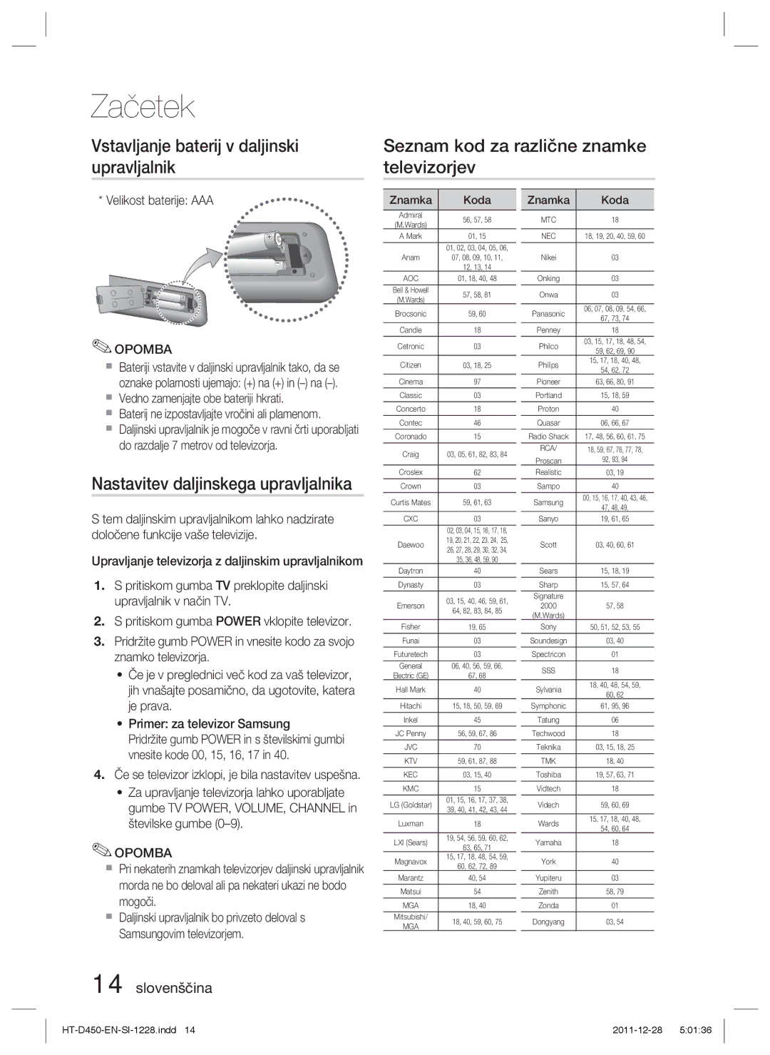 Samsung HT-D455/XY, HT-D455/EN, HT-D455/XE manual Nastavitev daljinskega upravljalnika, Velikost baterije AAA, Znamka Koda 