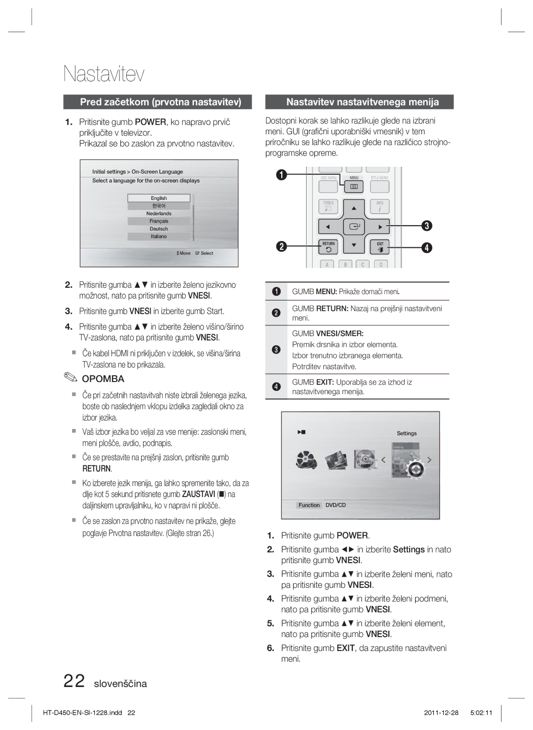 Samsung HT-D455/XE, HT-D455/EN, HT-D455/XY manual Nastavitev, Pred začetkom prvotna nastavitev, Return 