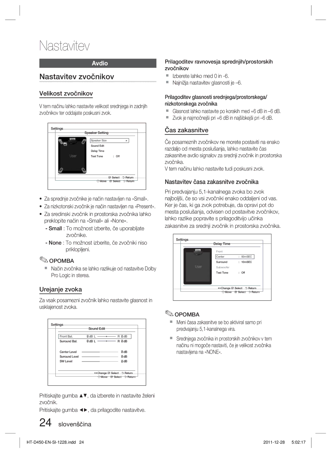 Samsung HT-D455/EN, HT-D455/XE, HT-D455/XY manual Nastavitev zvočnikov, Avdio 