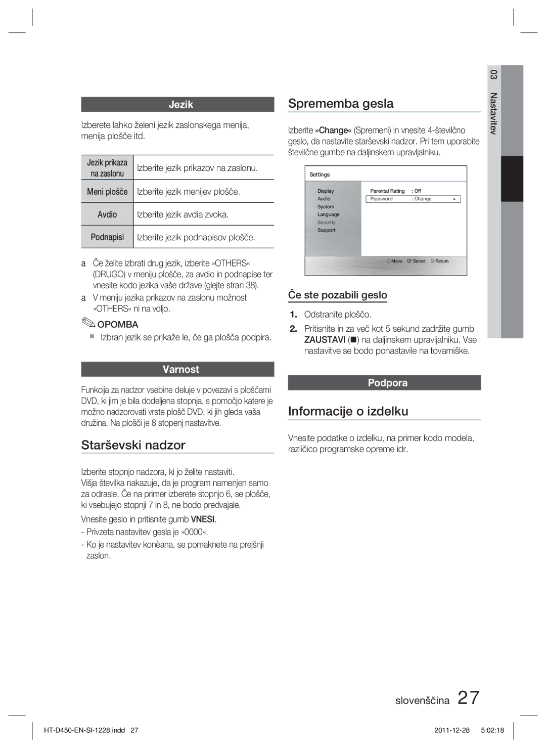 Samsung HT-D455/EN, HT-D455/XE, HT-D455/XY manual Sprememba gesla, Starševski nadzor, Informacije o izdelku, Jezik, Varnost 