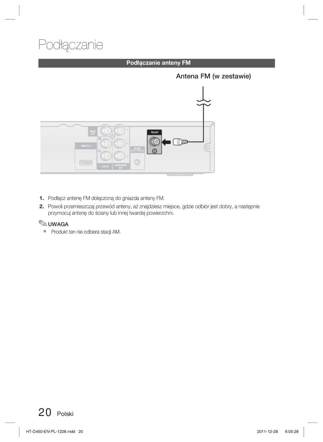 Samsung HT-D455/XY, HT-D455/EN, HT-D455/XE Antena FM w zestawie, Podłączanie anteny FM,  Produkt ten nie odbiera stacji AM 