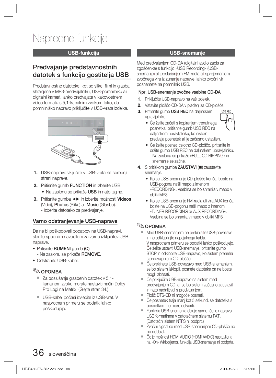 Samsung HT-D455/EN, HT-D455/XE, HT-D455/XY Napredne funkcije, USB-funkcija, Varno odstranjevanje USB-naprave, USB-snemanje 