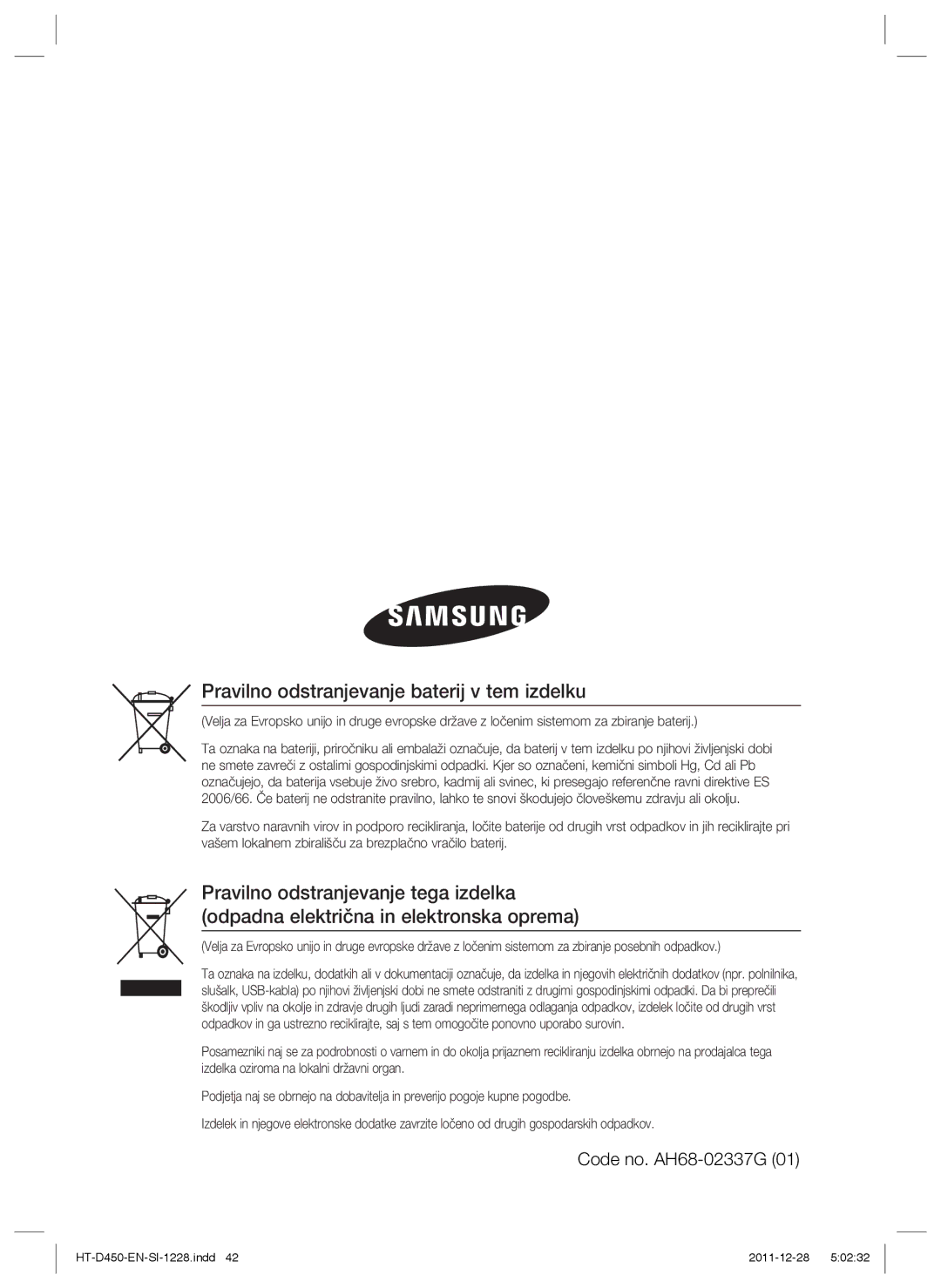 Samsung HT-D455/EN, HT-D455/XE, HT-D455/XY manual Pravilno odstranjevanje baterij v tem izdelku 