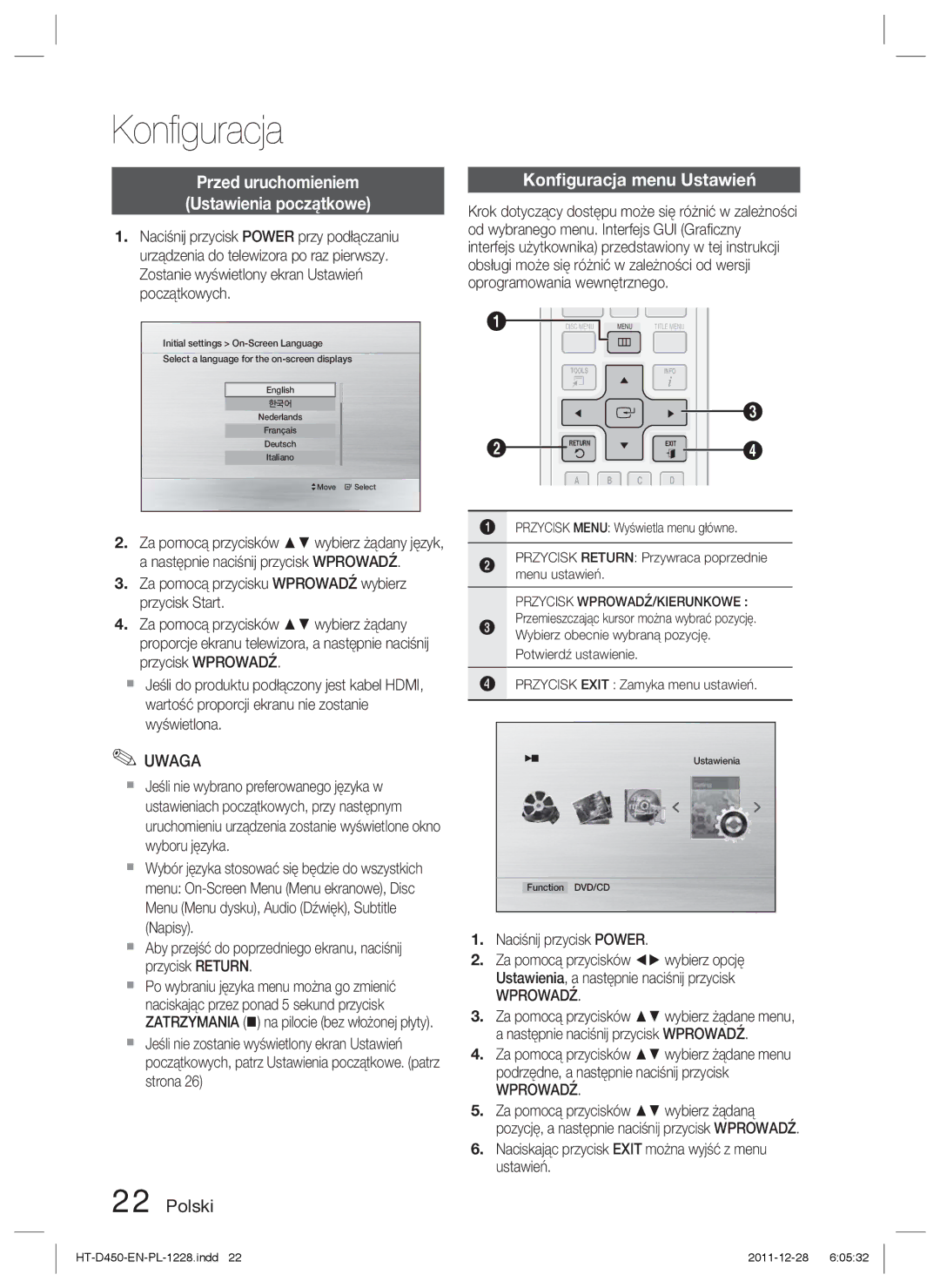 Samsung HT-D455/XE, HT-D455/EN, HT-D455/XY Przed uruchomieniem Ustawienia początkowe, Konﬁguracja menu Ustawień, Wprowadź 