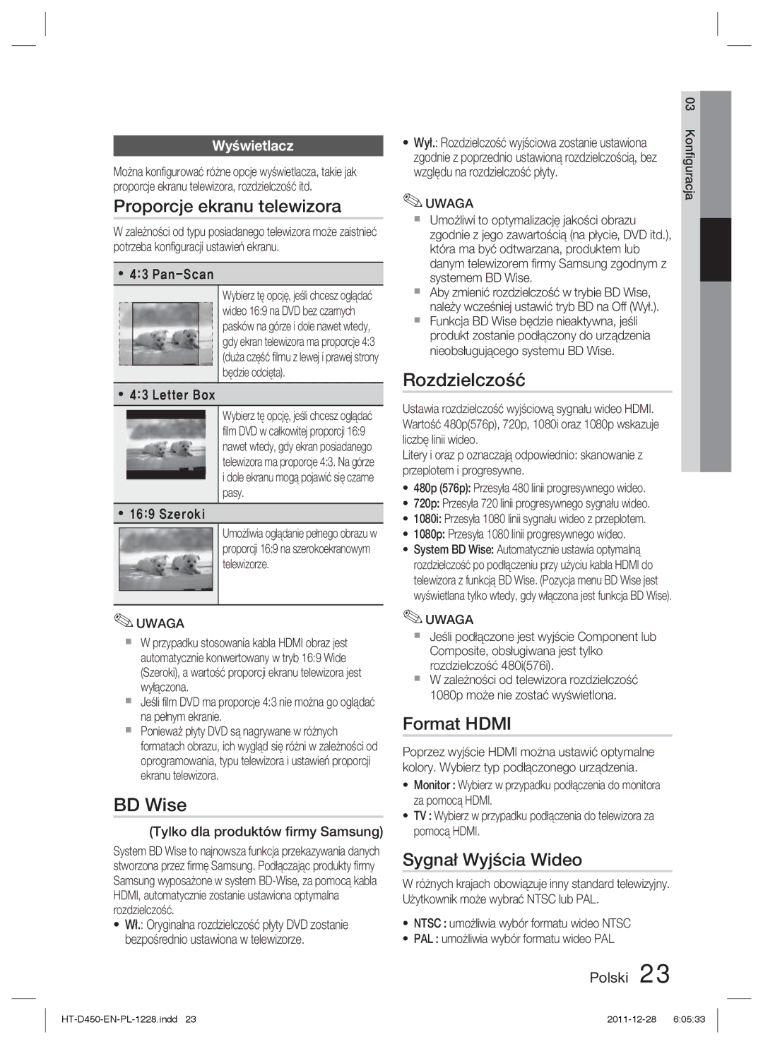 Samsung HT-D455/XY, HT-D455/EN manual Proporcje ekranu telewizora, BD Wise, Rozdzielczość, Format Hdmi, Sygnał Wyjścia Wideo 