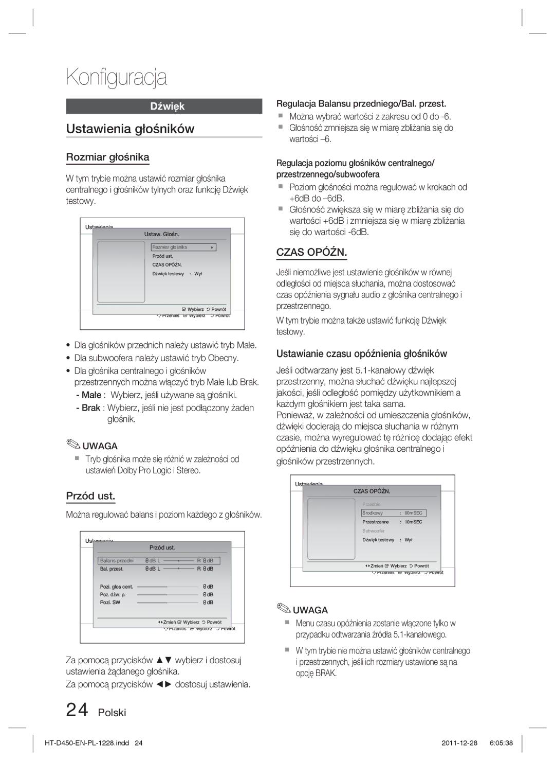 Samsung HT-D455/EN, HT-D455/XE, HT-D455/XY manual Konﬁguracja, Ustawienia głośników, Dźwięk 