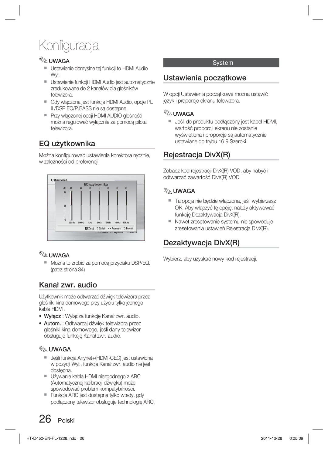 Samsung HT-D455/XY manual EQ użytkownika, Kanał zwr. audio, Ustawienia początkowe, Rejestracja DivXR, Dezaktywacja DivXR 