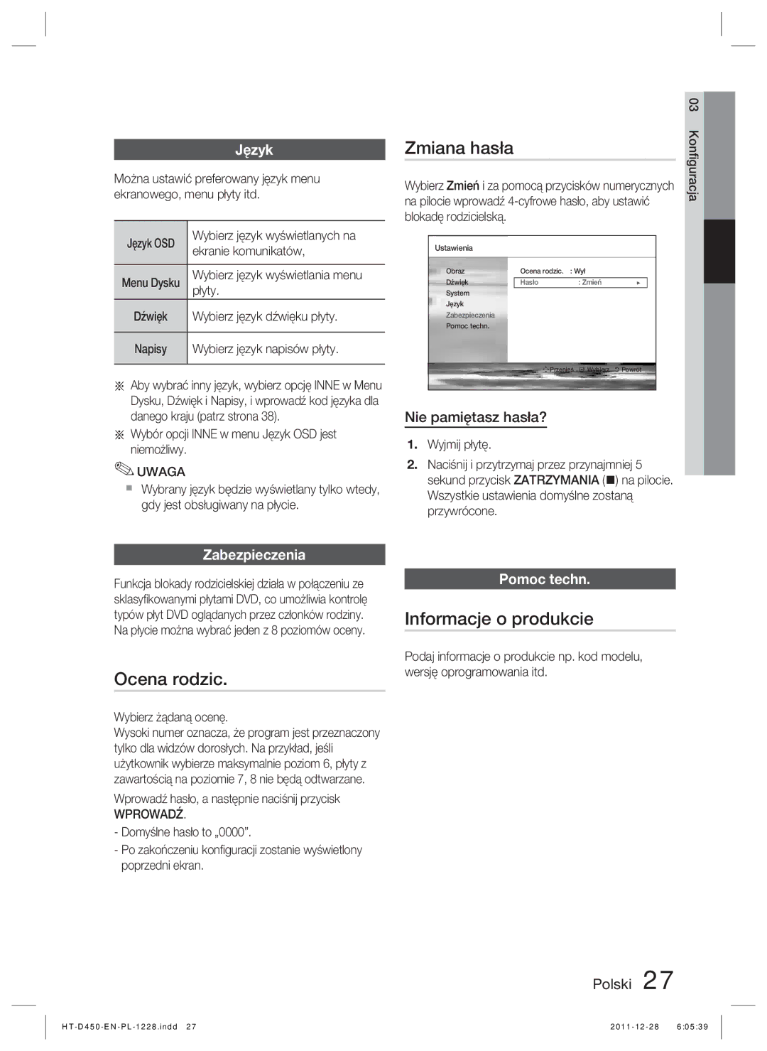 Samsung HT-D455/EN, HT-D455/XE, HT-D455/XY manual Zmiana hasła, Ocena rodzic, Informacje o produkcie 