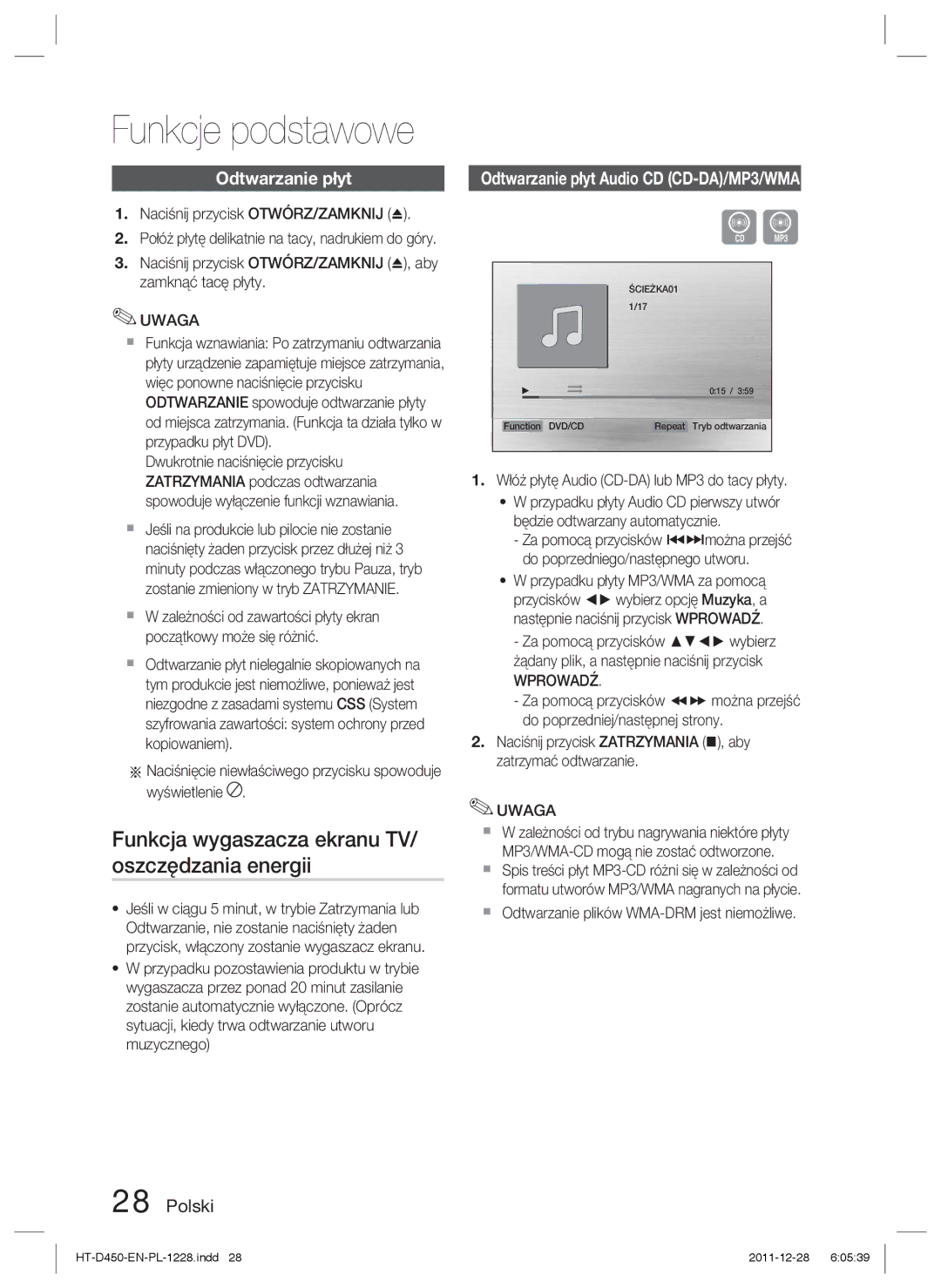 Samsung HT-D455/XE, HT-D455/EN, HT-D455/XY manual Funkcja wygaszacza ekranu TV/ oszczędzania energii, Odtwarzanie płyt 