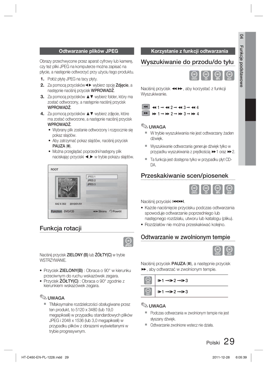 Samsung HT-D455/XY, HT-D455/EN, HT-D455/XE Funkcja rotacji, Wyszukiwanie do przodu/do tyłu, Przeskakiwanie scen/piosenek 