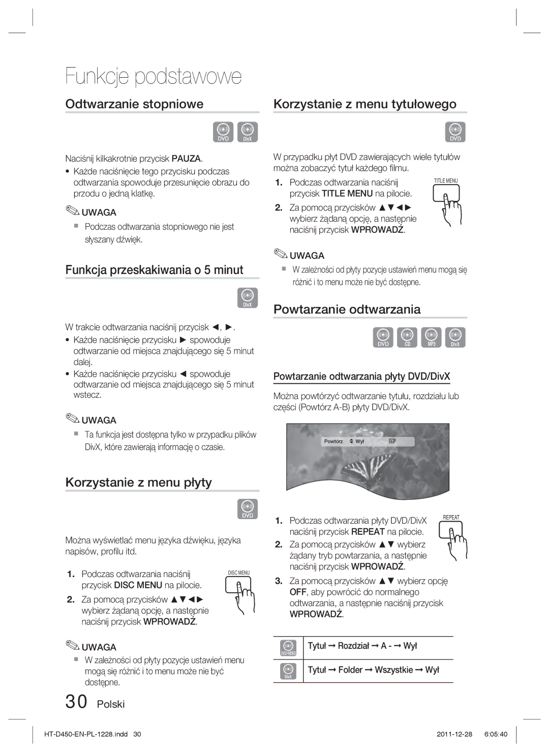 Samsung HT-D455/EN, HT-D455/XE manual Odtwarzanie stopniowe, Funkcja przeskakiwania o 5 minut, Korzystanie z menu płyty 