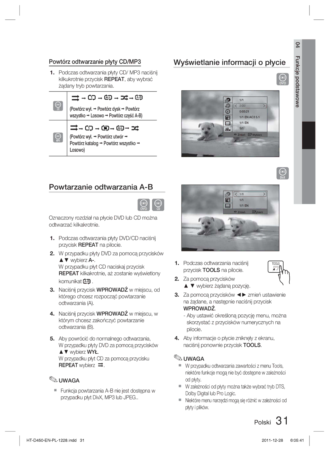 Samsung HT-D455/XE Wyświetlanie informacji o płycie, Powtarzanie odtwarzania A-B, Powtórz odtwarzanie płyty CD/MP3, Losowo 