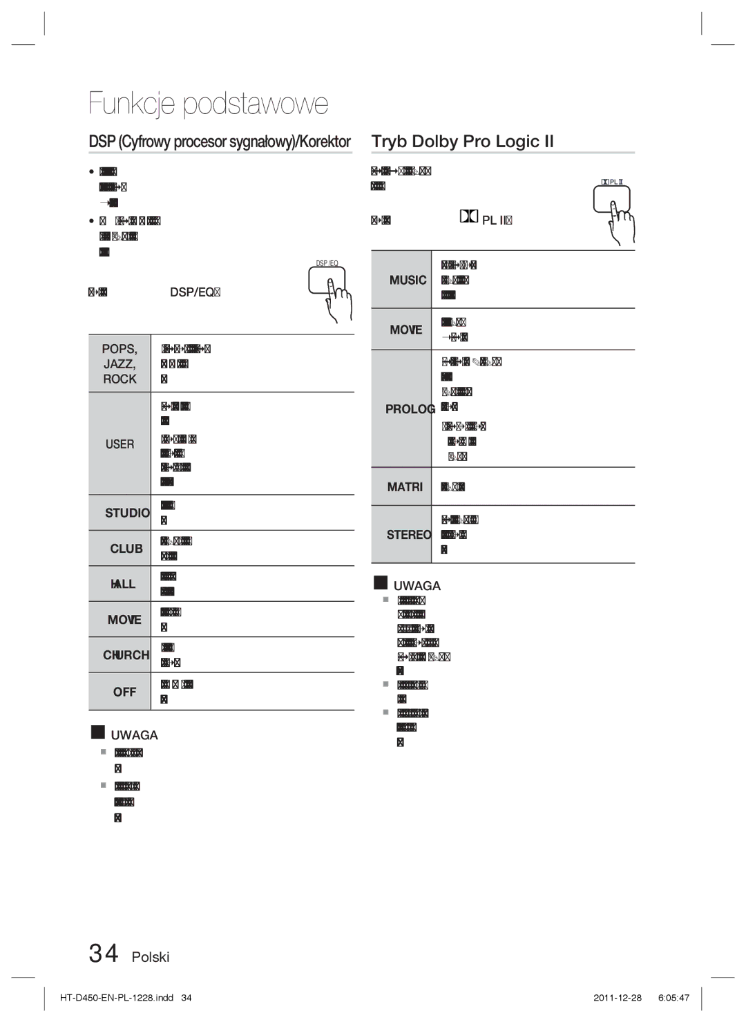 Samsung HT-D455/XE, HT-D455/EN, HT-D455/XY manual Tryb Dolby Pro Logic, DSP Cyfrowy procesor sygnałowy/Korektor, Pops, Rock 