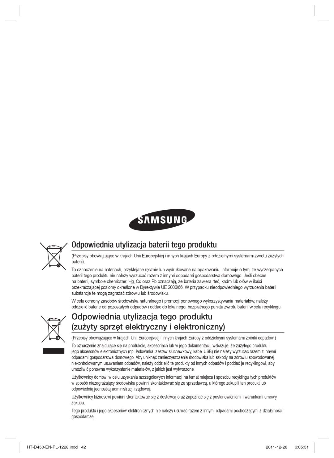 Samsung HT-D455/EN, HT-D455/XE, HT-D455/XY manual Odpowiednia utylizacja baterii tego produktu 