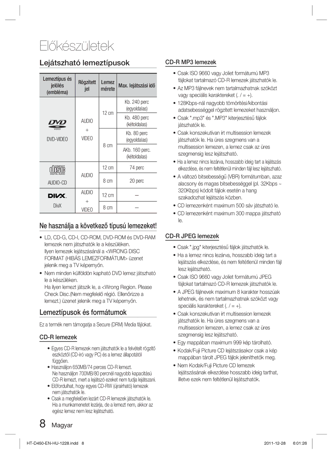 Samsung HT-D455/XY, HT-D455/EN, HT-D455/XE manual Lejátszható lemeztípusok, Lemeztípusok és formátumok 