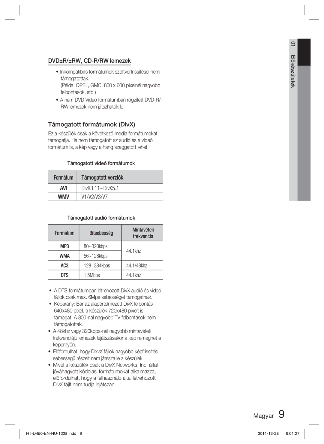 Samsung HT-D455/EN, HT-D455/XE, HT-D455/XY manual DVD±R/±RW, CD-R/RW lemezek, Támogatott formátumok DivX 