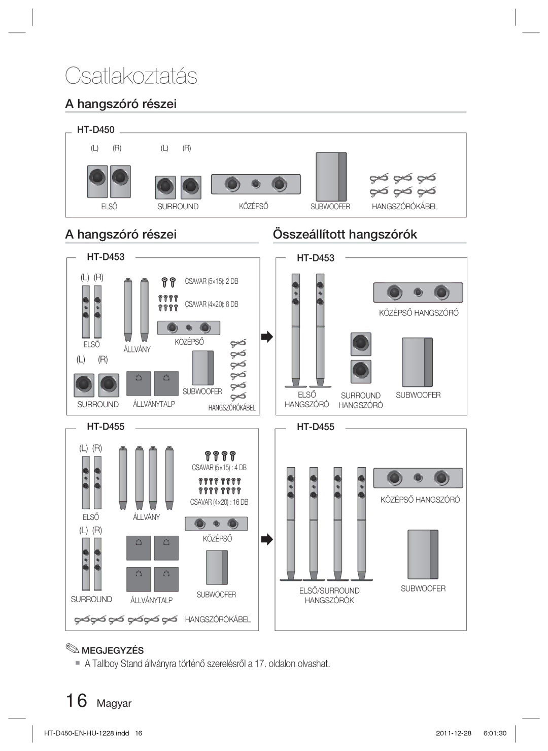 Samsung HT-D455/XE, HT-D455/EN, HT-D455/XY manual Hangszóró részei Összeállított hangszórók 