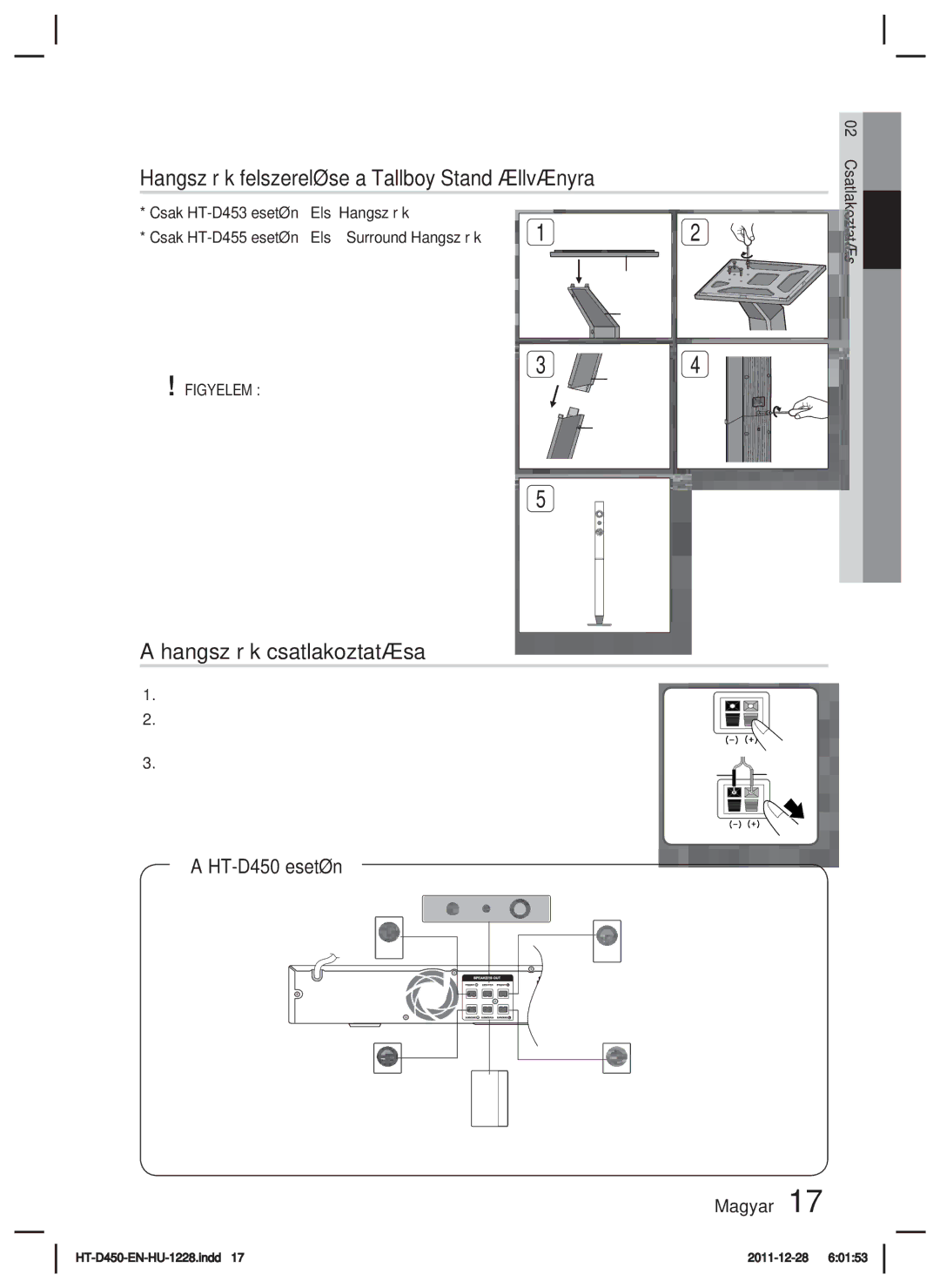 Samsung HT-D455/XY manual Hangszórók felszerelése a Tallboy Stand állványra, Hangszórók csatlakoztatása, HT-D450 esetén 