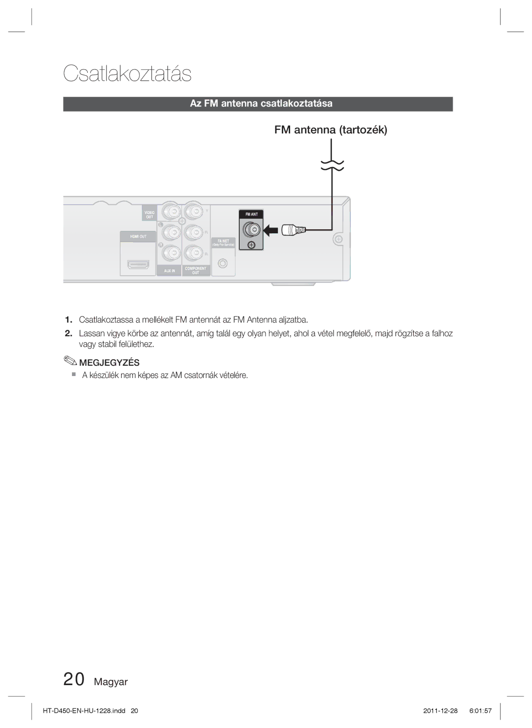 Samsung HT-D455/XY FM antenna tartozék, Az FM antenna csatlakoztatása,  a készülék nem képes az AM csatornák vételére 