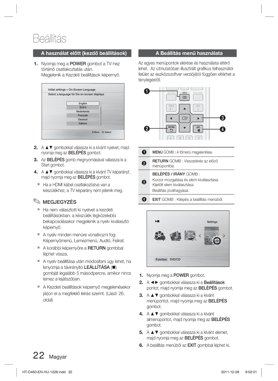 Samsung HT-D455/XE, HT-D455/EN, HT-D455/XY manual Használat előtt kezdő beállítások, Beállítás menü használata 