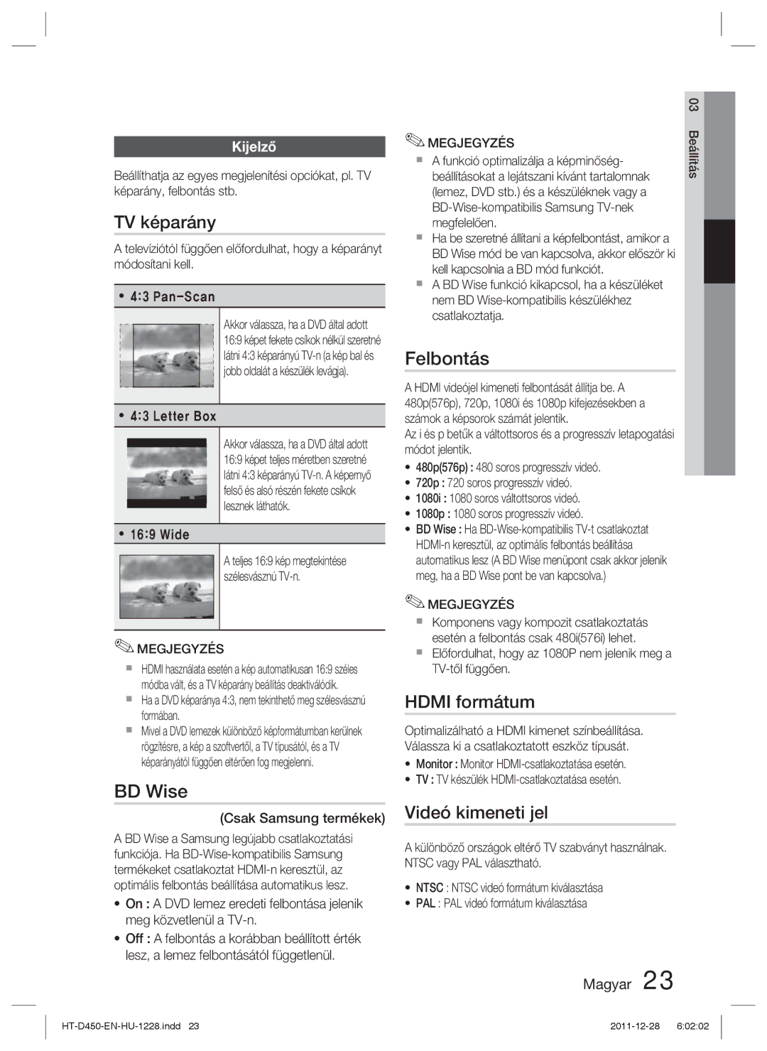 Samsung HT-D455/XY, HT-D455/EN, HT-D455/XE manual TV képarány, Felbontás, Hdmi formátum, Videó kimeneti jel, Kijelző 