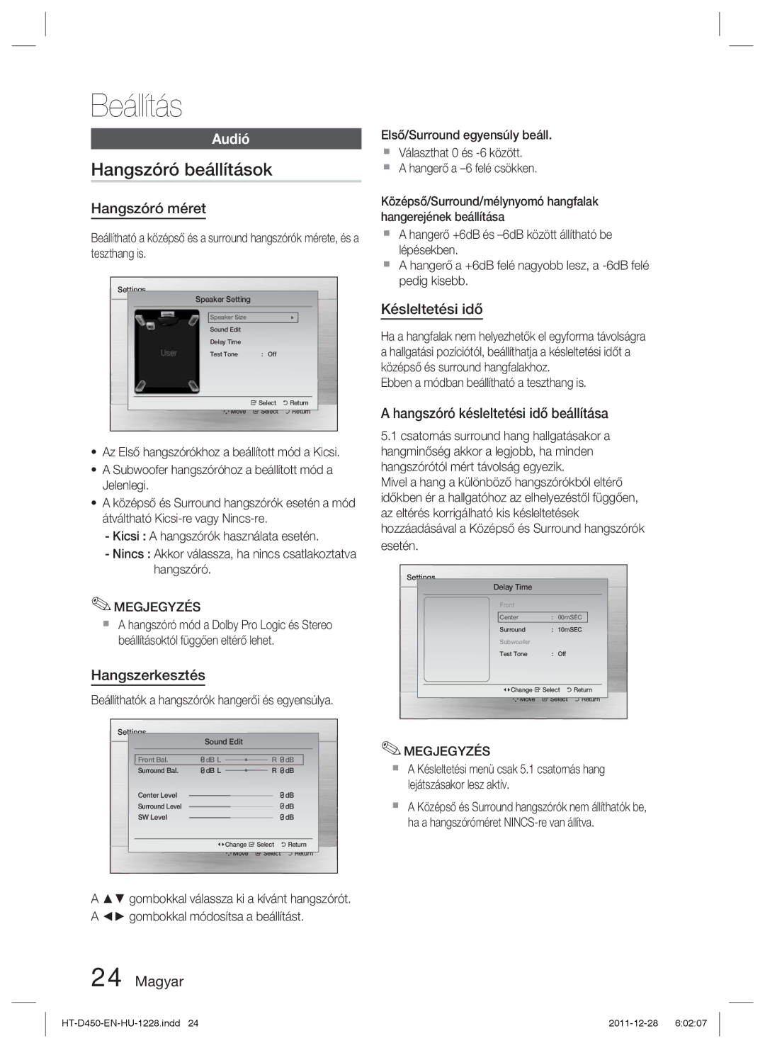 Samsung HT-D455/EN, HT-D455/XE, HT-D455/XY manual Hangszóró beállítások, Audió 